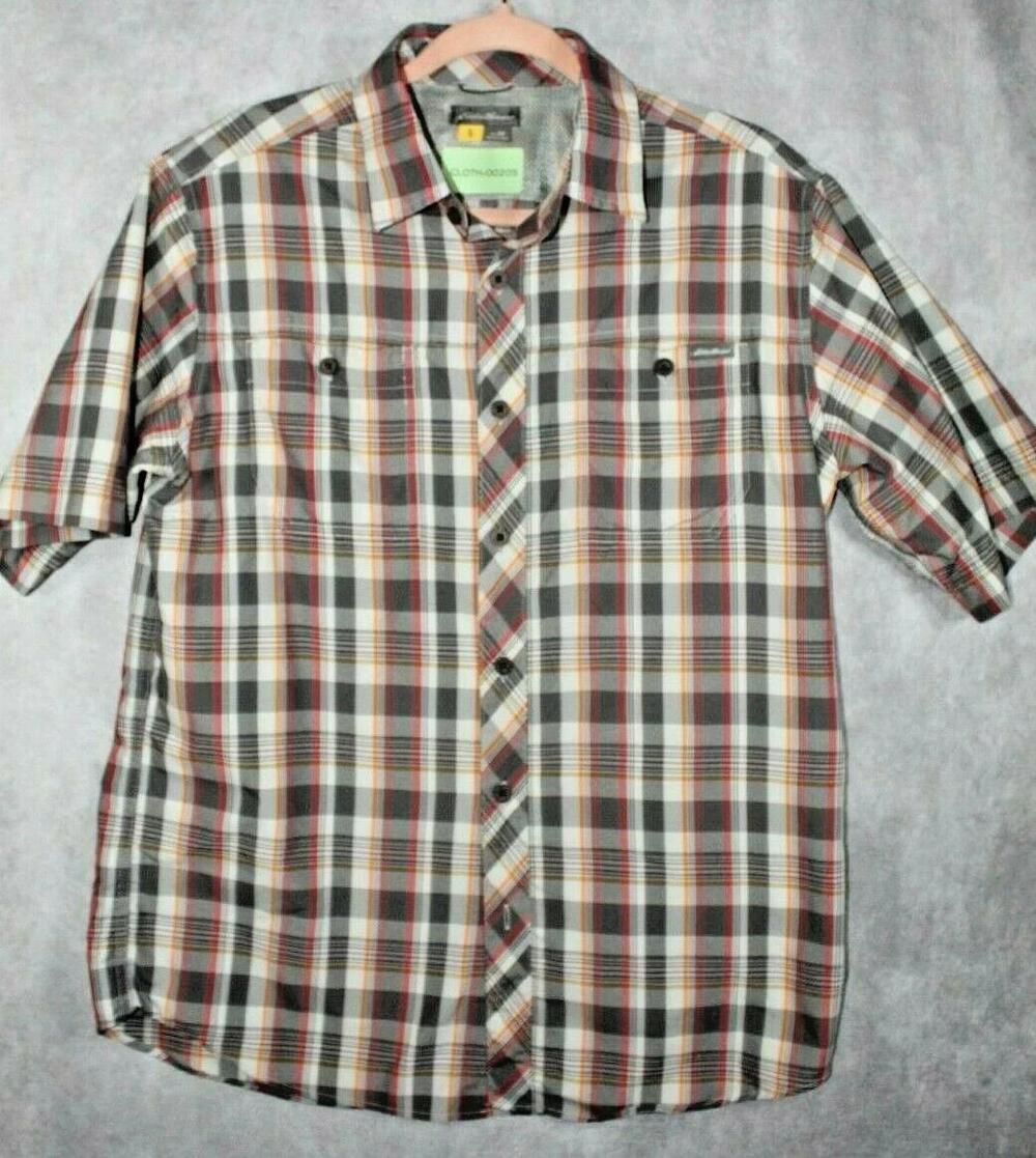Eddie Bauer Shirt Mens M Gray Plaid Button Up Short Sleeve Pockets Breathable